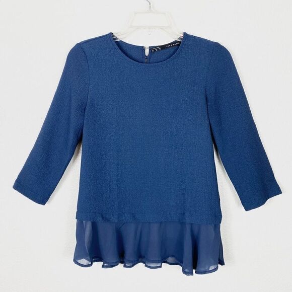 Zara Navy Blue Crepe Half Sleeve Peplum Blouse - Picture 3 of 6